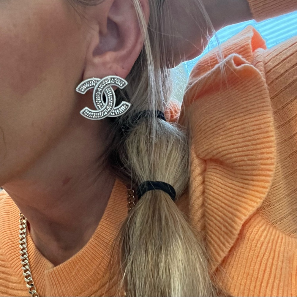 Chanel 25C White Silver & Crystal LARGE  logo earrings - NEW with TAGS & RECEIPT